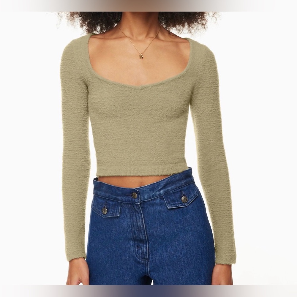 Aritzia Cropped Long-Sleeve Scoop Neck Top in Olive
